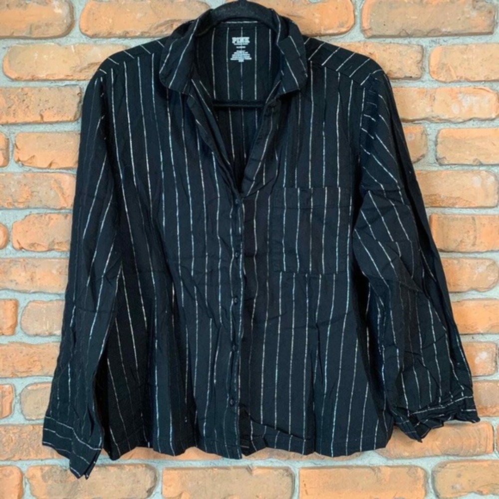 PINK Victoria's‎ Secret Sleep Shirt Womens Medium Black Silver Pajama Top Button